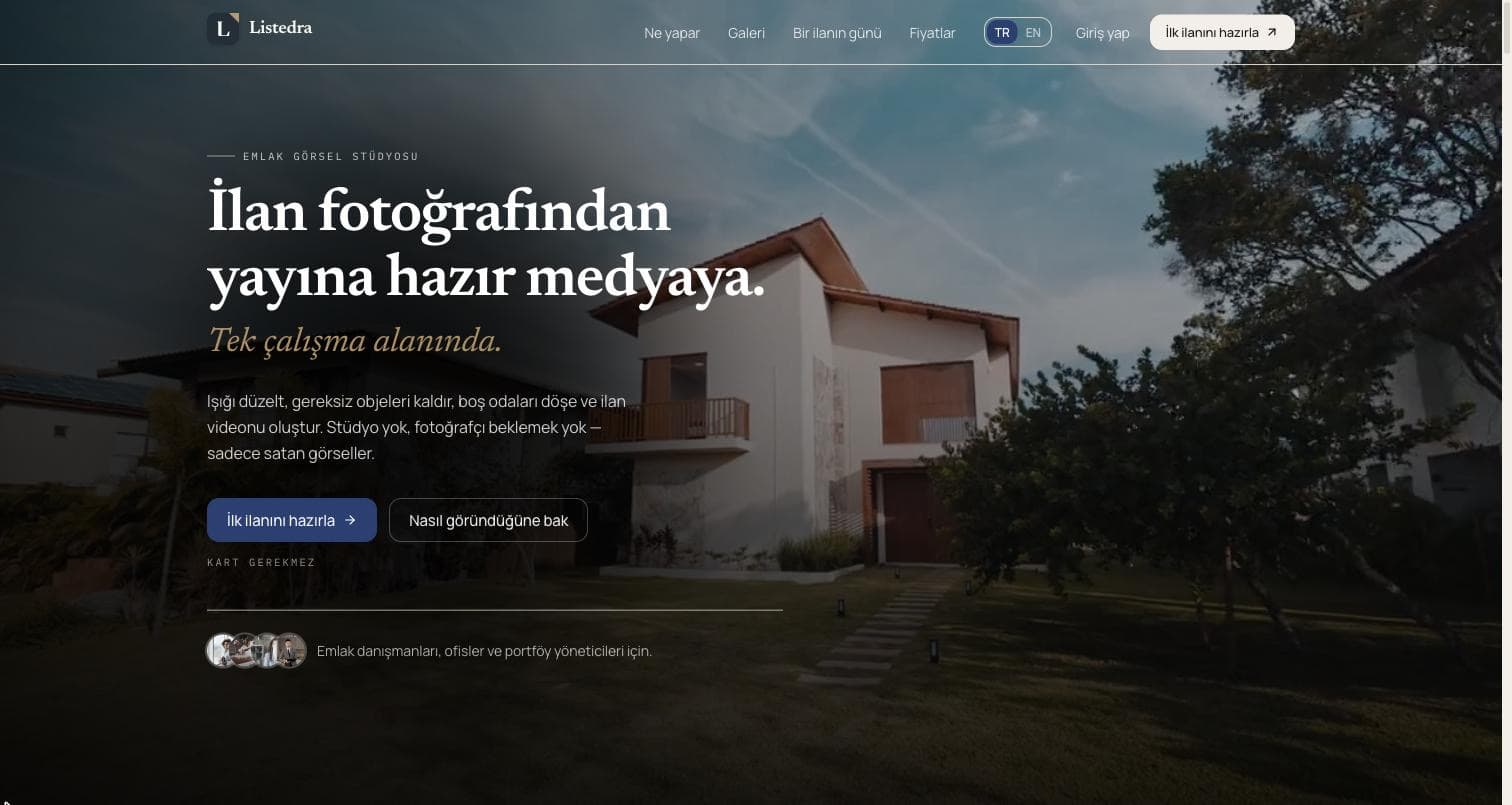 Listedra ana sayfası: ürün başlığı, açıklaması ve iki eylem düğmesi.